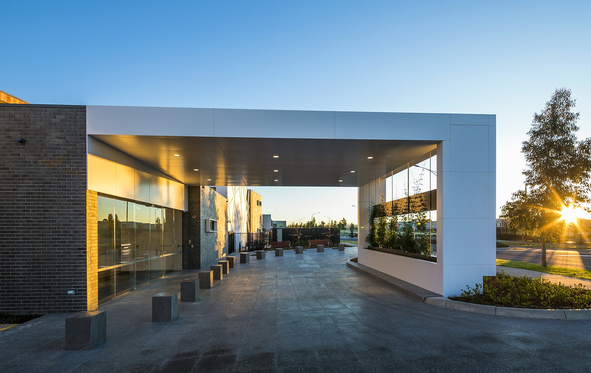 Heritage Aged Care entry canopy at dusk